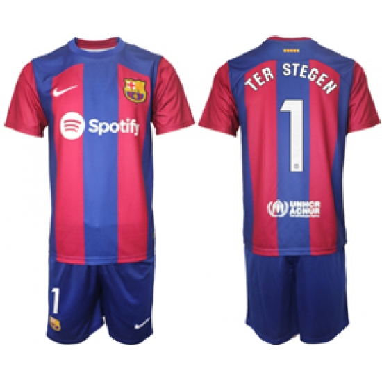 Men's Barcelona #1 Ter Stegen Blue Red 2023-24 Home Soccer Jersey