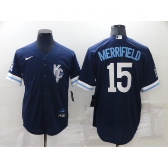 Men's Kansas City Royals #15 Whit Merrifield 2022 Navy Blue City Connect Cool Base Stitched Jersey - Ujersey