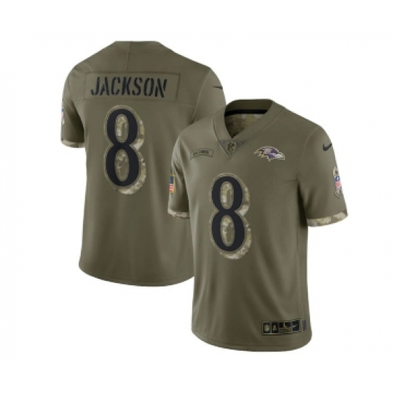 Men's Baltimore Ravens #8 Lamar Jackson 2022 Olive Salute To Service Limited Stitched Jersey - Ujersey