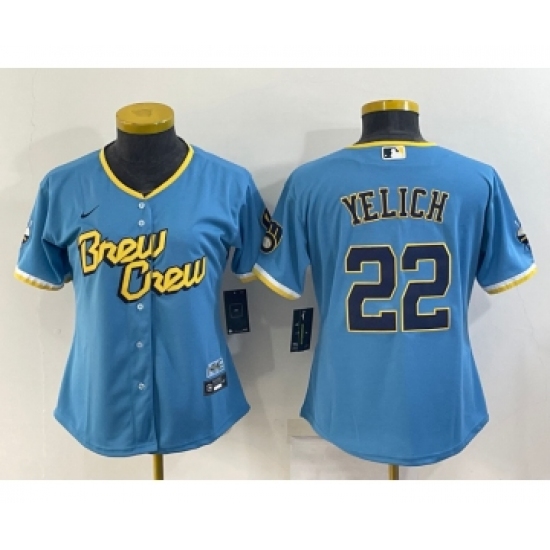 Women's Milwaukee Brewers #22 Christian Yelich Blue 2022 City Connect Cool Base Stitched Jersey - Ujersey