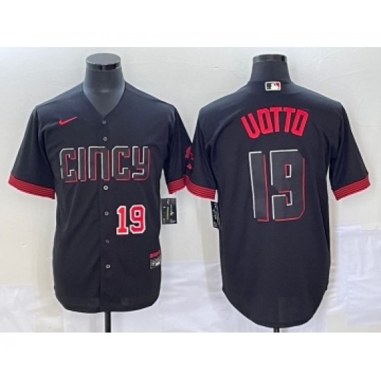 Men's Cincinnati Reds #19 Joey Votto Number Black 2023 City Connect Cool Base Stitched Jersey1 - Ujersey