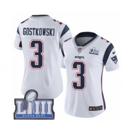 Women's Nike New England Patriots #3 Stephen Gostkowski White Vapor Untouchable Limited Player Super Bowl LIII Bound NFL Jersey - Ujersey
