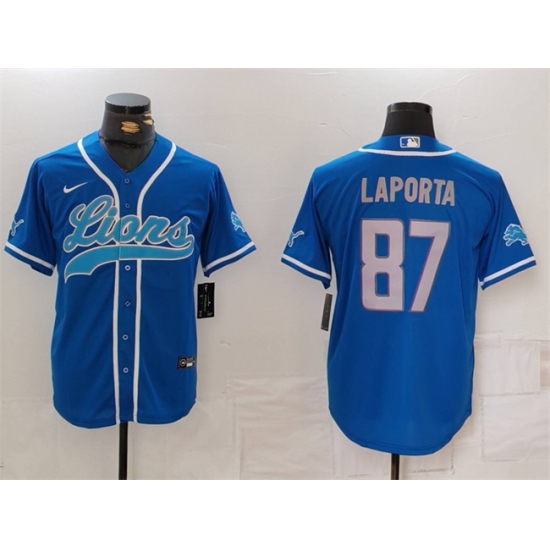 Men's Detroit Lions #87 Sam LaPorta Blue Cool Base Stitched Baseball Jersey - Ujersey
