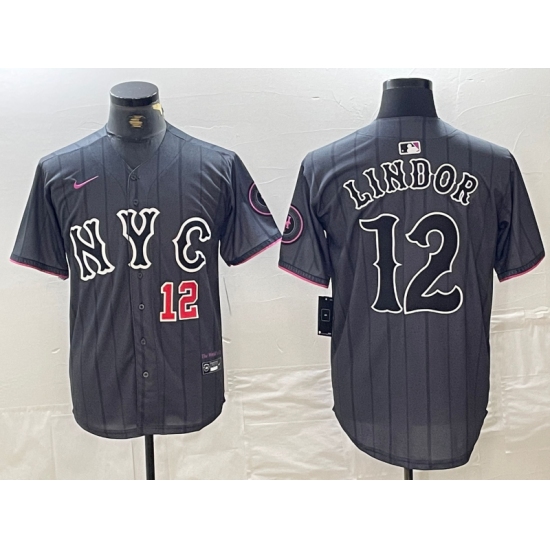 Men's New York Mets #12 Francisco Lindor Number Grey 2024 City Connect Cool Base Stitched Jerseys - Ujersey