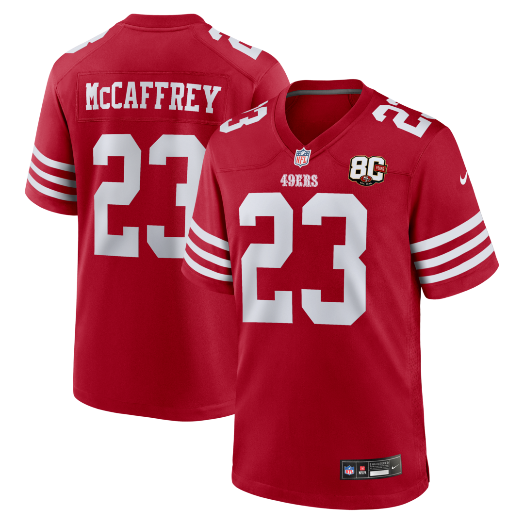 Men's San Francisco 49ers Christian McCaffrey Nike Scarlet 80th Anniversary Game Jersey - SUjersey01