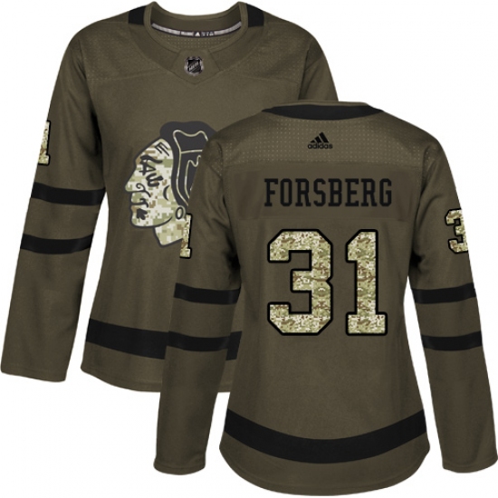 Women's Adidas Chicago Blackhawks #31 Anton Forsberg Authentic Green Salute to Service NHL Jersey - Ujersey
