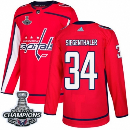 Men's Adidas Washington Capitals #34 Jonas Siegenthaler Authentic Red Home 2018 Stanley Cup Final Champions NHL Jersey - Ujersey