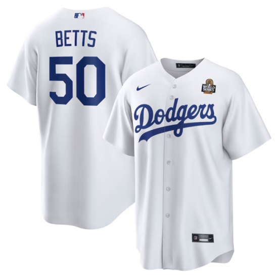 Men's Los Angeles Dodgers #50 Mookie Betts White 2024 World Series Cool Base Stitched Baseball Jersey - Ujersey