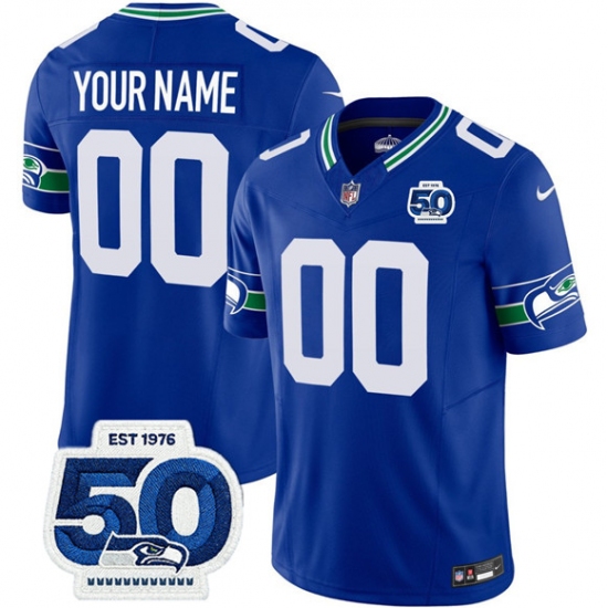 Men's Seattle Seahawks Active Player Custom Royal 2025 F.U.S.E 50th Anniversary Patch Throwback Vapor Limited Stitched Jersey - Ujersey
