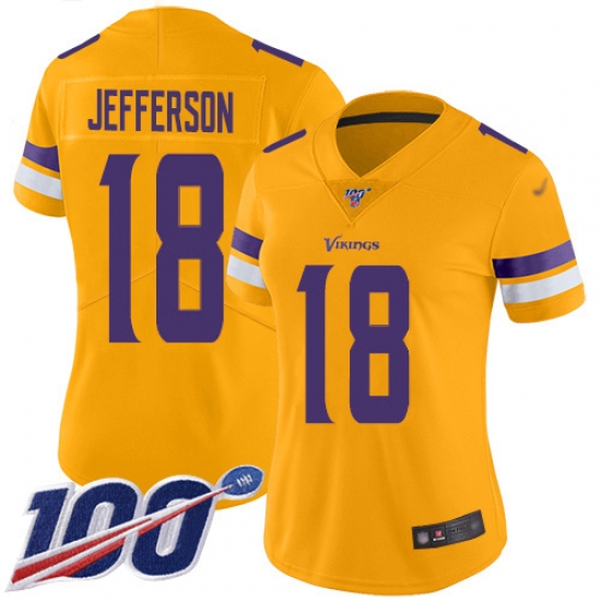 Women's Minnesota Vikings #18 Justin Jefferson Gold Stitched NFL Limited Inverted Legend 100th Season Jersey - Ujersey