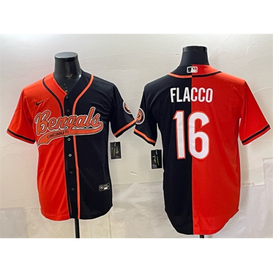Men's Cincinnati Bengals #16 Joe Flacco Orange Black Split With Cool Base Stitched Baseball Jersey - Ujersey