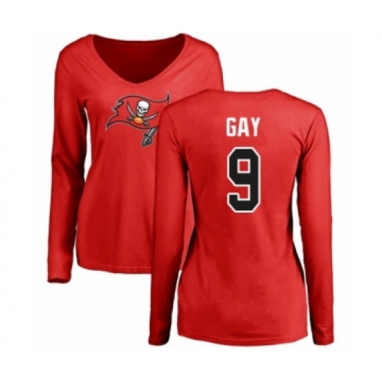 Football Women's Tampa Bay Buccaneers #9 Matt Gay Red Name & Number Logo Long Sleeve T-Shirt - Ujersey