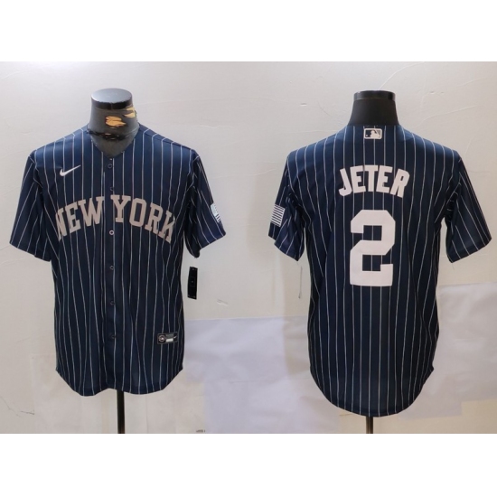Men's New York Yankees #2 Derek Jeter Navy Pinstripe Fashion Cool Base Jersey - Ujersey