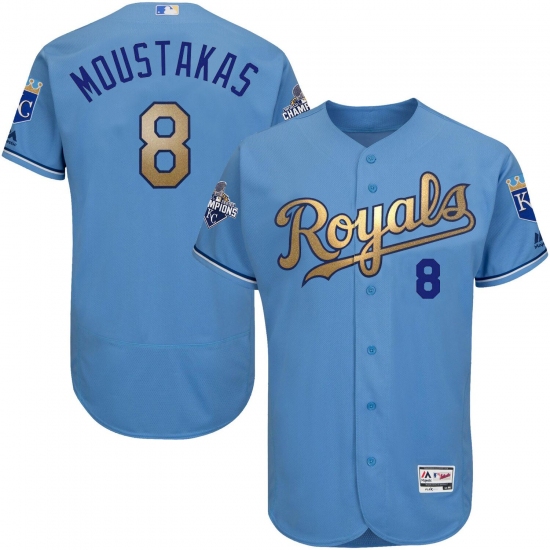 Men's Majestic Kansas City Royals #8 Mike Moustakas Authentic Light Blue 2015 World Series Champions Gold Program FlexBase MLB Jersey - Ujersey
