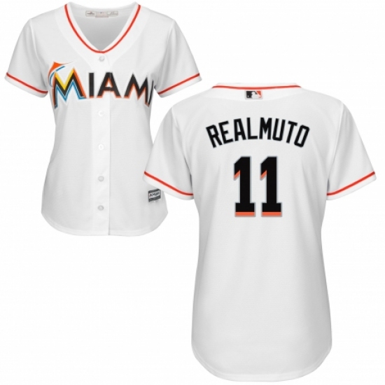 Women's Majestic Miami Marlins #11 J. T. Realmuto Authentic White Home Cool Base MLB Jersey - Ujersey