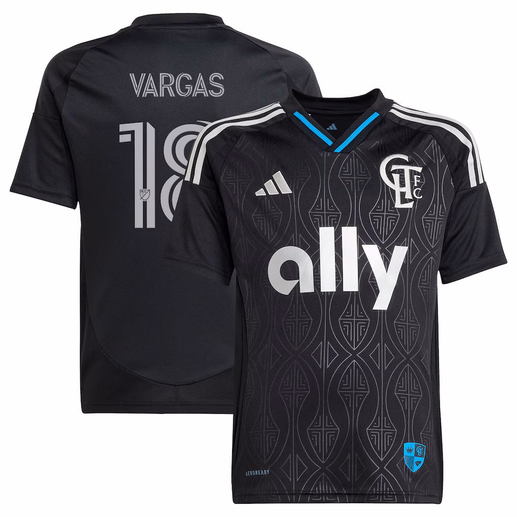 Youth Charlotte FC Kerwin Vargas adidas Black 2025 Fortress Kit Replica Jersey