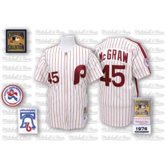 Men's Mitchell and Ness Philadelphia Phillies #45 Tug McGraw Authentic White/Red Strip Throwback MLB Jersey