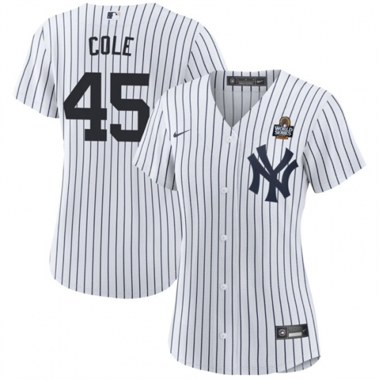 Women's New York Yankees #45 Gerrit Cole White 2024 World Series With Name Cool Base Stitched Baseball Jersey(Run Small) - Ujersey