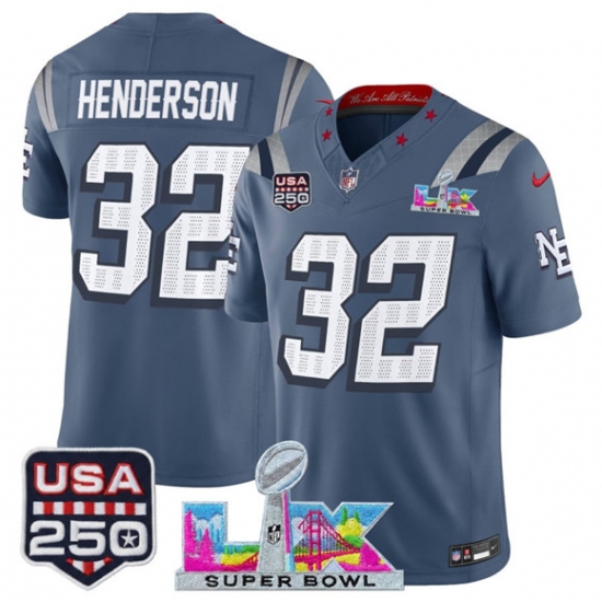 Men's New England Patriots #32 TreVeyon Henderson Storm Blue 2025 F.U.S.E. Super Bowl LX & USA 250“Rivalries” Vapor Limited Football Stitched Jersey - ujerseystore