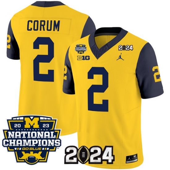 Men's Michigan Wolverines #2 Blake Corum Yellow Navy 2024 F.U.S.E. With 2023 National Champions Stitched Jersey - Ujersey