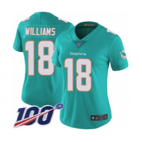 Women's Miami Dolphins #18 Preston Williams Aqua Green Team Color Vapor Untouchable Limited Player 100th Season Football Jersey - Ujersey