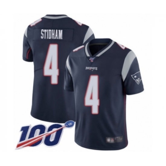Men's New England Patriots #4 Jarrett Stidham Navy Blue Team Color Vapor Untouchable Limited Player 100th Season Football Jersey - Ujersey