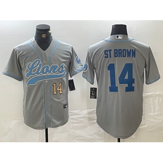 Men's Detroit Lions #14 Amon-Ra St. Brown Number Gray Cool Base Stitched Baseball Jerseys - Ujersey