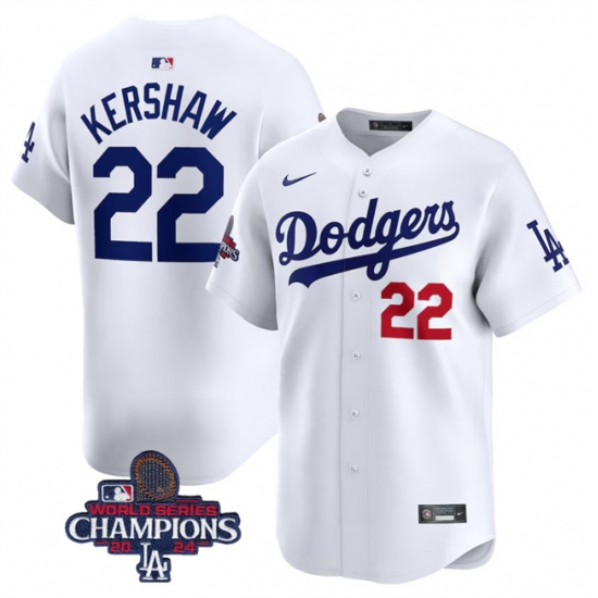 Men's Los Angeles Dodgers #22 Clayton Kershaw White 2024 World Series Champions Home Limited Stitched Baseball Jersey - ujerseystore