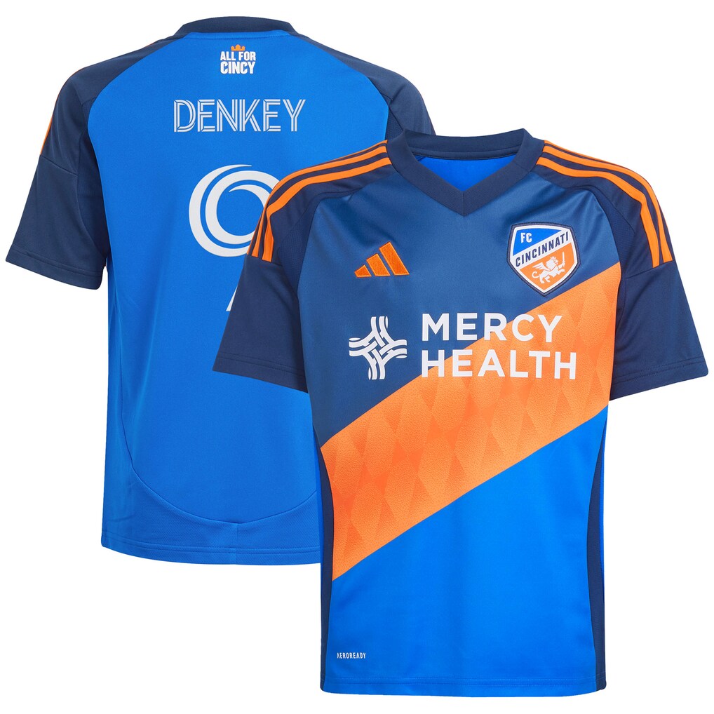 Youth FC Cincinnati Kévin Denkey adidas Blue 2025 Orange and Blue Legacy Kit Replica Player Jersey - Ujersey