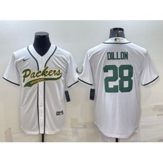 Men's Green Bay Packers #28 AJ Dillon White With Patch Cool Base Stitched Baseball Jersey - Ujersey