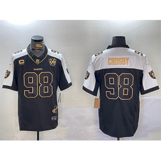 Men's Las Vegas Raiders #98 Maxx Crosby Black Gold F.U.S.E. With Nevada Silver Stat Patch And 65th Anniversary 4-Star C Limited Stitched Football Jersey