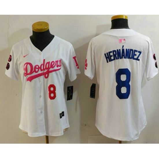 Women's Los Angeles Dodgers #8 Kike Hernandez Number White Pink With Limited Stitched Jersey - Ujersey