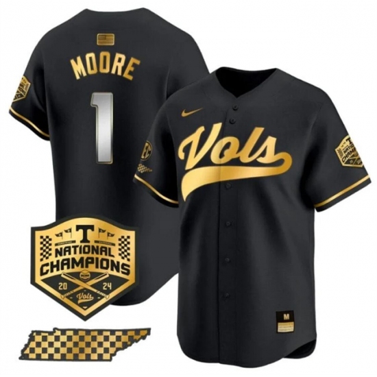 Men's Tennessee Volunteers #1 Christian Moore Black Gold 2024 Champions Vapor Limited Stitched Jersey - Ujersey