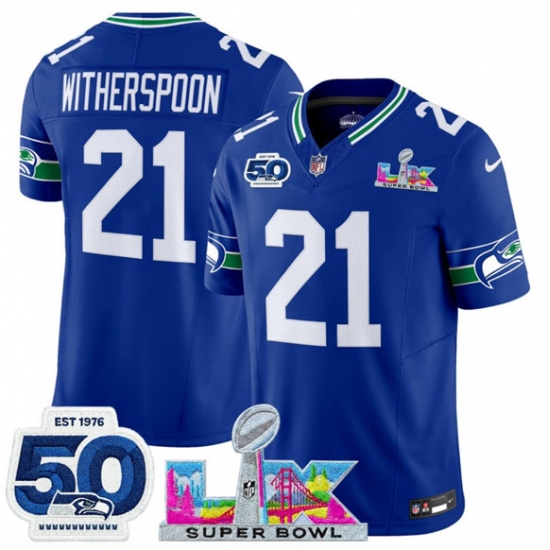 Men's Seattle Seahawks #21 Devon Witherspoon Royal 2025 F.U.S.E. Super Bowl LX And 50th Season Vapor Throwback Limited Football Stitched Jersey - Ujersey