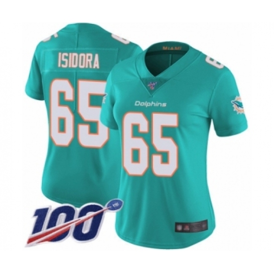 Women's Miami Dolphins #65 Danny Isidora Aqua Green Team Color Vapor Untouchable Limited Player 100th Season Football Jersey - Ujersey