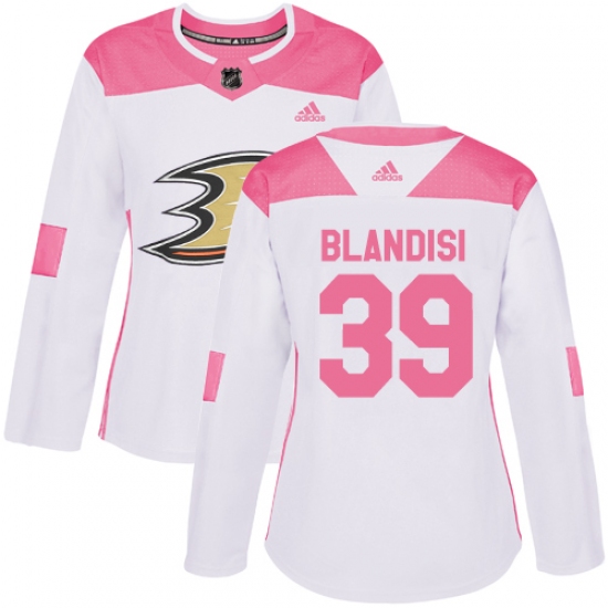 Women's Adidas Anaheim Ducks #39 Joseph Blandisi Authentic White Pink Fashion NHL Jersey