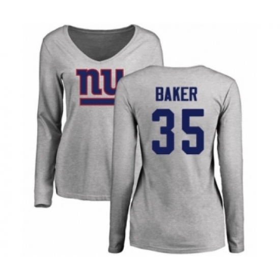Football Women's New York Giants #35 Deandre Baker Ash Name & Number Logo Long Sleeve T-Shirt - Ujersey