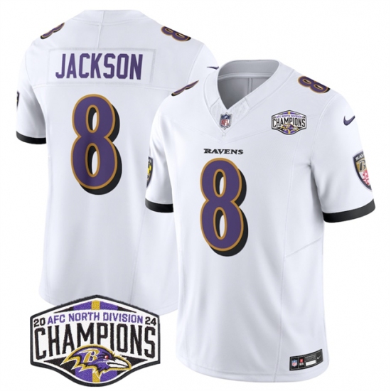 Men's Baltimore Ravens #8 Lamar Jackson White F.U.S.E 2024 AFC North Division Champions Vapor Limited Football Jersey - Ujersey