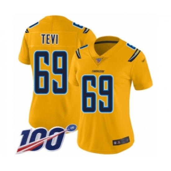 Women's Los Angeles Chargers #69 Sam Tevi Limited Gold Inverted Legend 100th Season Football Jersey - Ujersey