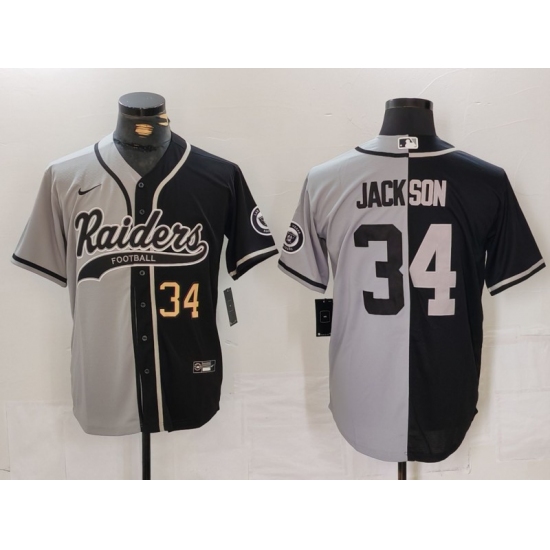 Men's Las Vegas Raiders #34 Bo Jackson Number Grey Black Split Cool Base Stitched Baseball Jersey - Ujersey