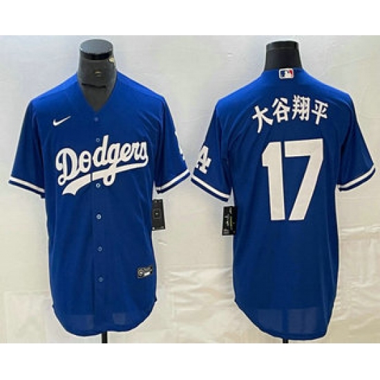 Men's Los Angeles Dodgers #17 Shohei Ohtani Blue Japanese Name Cool Base Jersey - Ujersey
