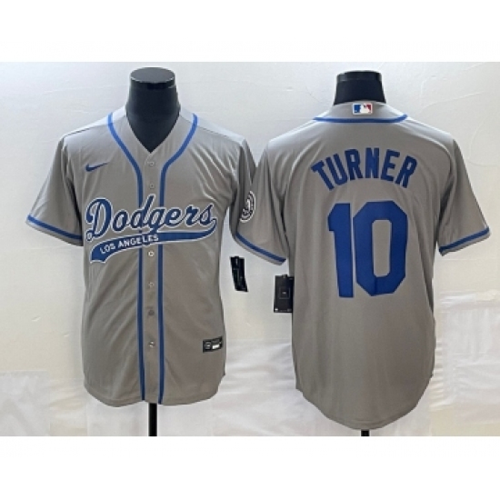 Men's Los Angeles Dodgers #10 Justin Turner Grey Cool Base Stitched Baseball Jersey1 - Ujersey
