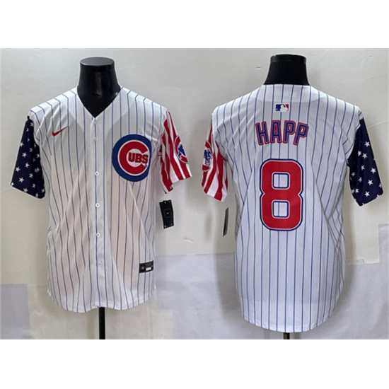 Men's Chicago Cubs #8 Ian Happ White Pinstripe 2025 Independence Day Vapor Premier Limited Stitched Baseball Jersey - Ujersey