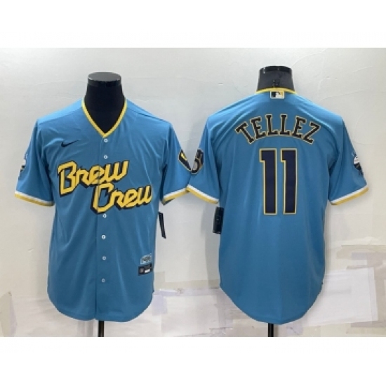 Men's Milwaukee Brewers #11 Rowdy Tellez Blue 2022 City Connect Cool Base Stitched Jersey - Ujersey