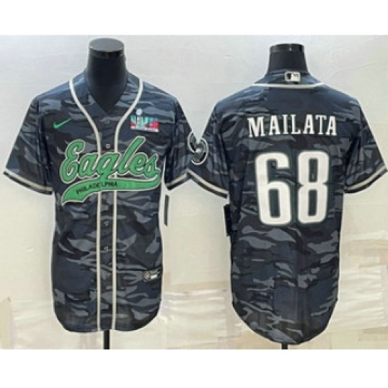 Men's Philadelphia Eagles #68 Jordan Mailata Grey Camo With Super Bowl LVII Patch Cool Base Stitched Baseball Jersey - Ujersey