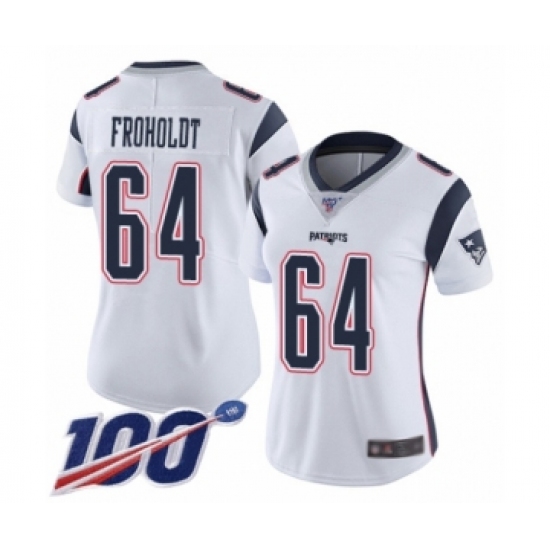 Women's New England Patriots #64 Hjalte Froholdt White Vapor Untouchable Limited Player 100th Season Football Jersey - Ujersey