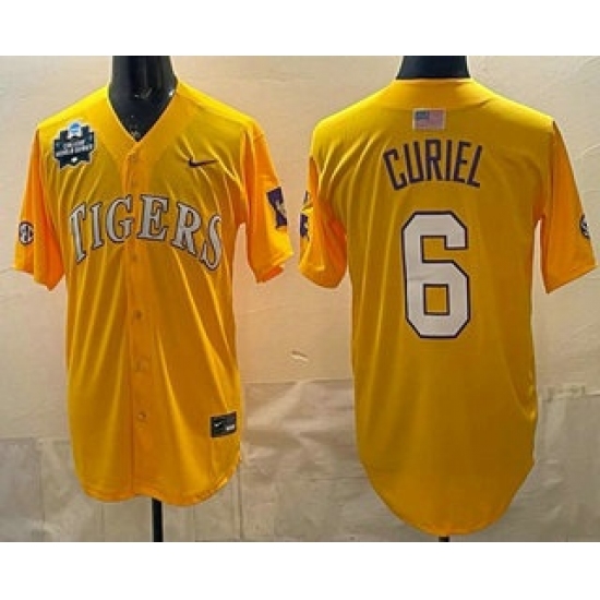 Men's LSU Tigers #6 Derek Curiel Gold 2025 World Series SEC Stitched Baseball Jersey - Ujersey