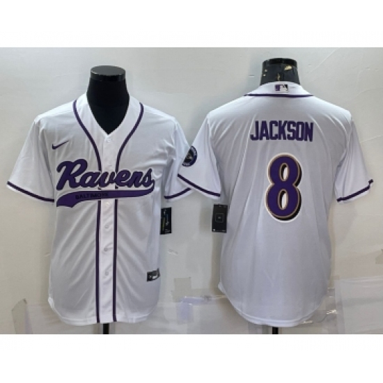 Men's Baltimore Ravens #8 Lamar Jackson White With Patch Cool Base Stitched Baseball Jersey - Ujersey