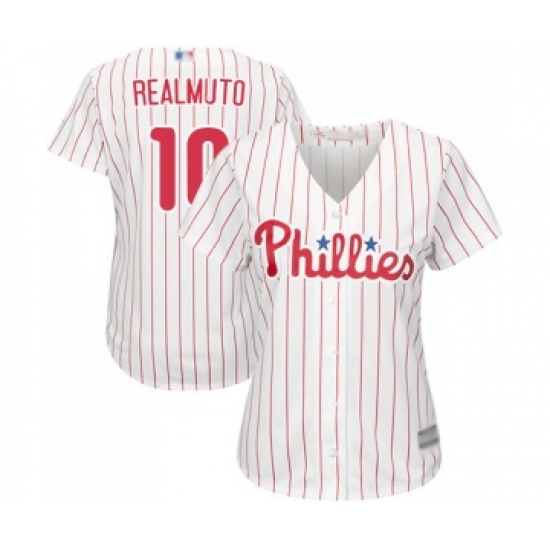 Women's Philadelphia Phillies #10 J. T. Realmuto Replica White Red Strip Home Cool Base Baseball Jersey - Ujersey