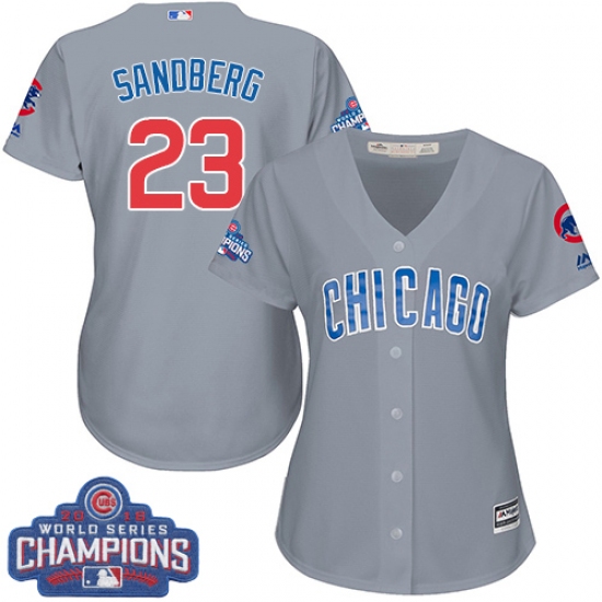 Women's Majestic Chicago Cubs #23 Ryne Sandberg Authentic Grey Road 2016 World Series Champions Cool Base MLB Jersey - Ujersey